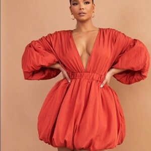 Plunge V-Neck Puff Sleeve Mini Dress in Terracotta